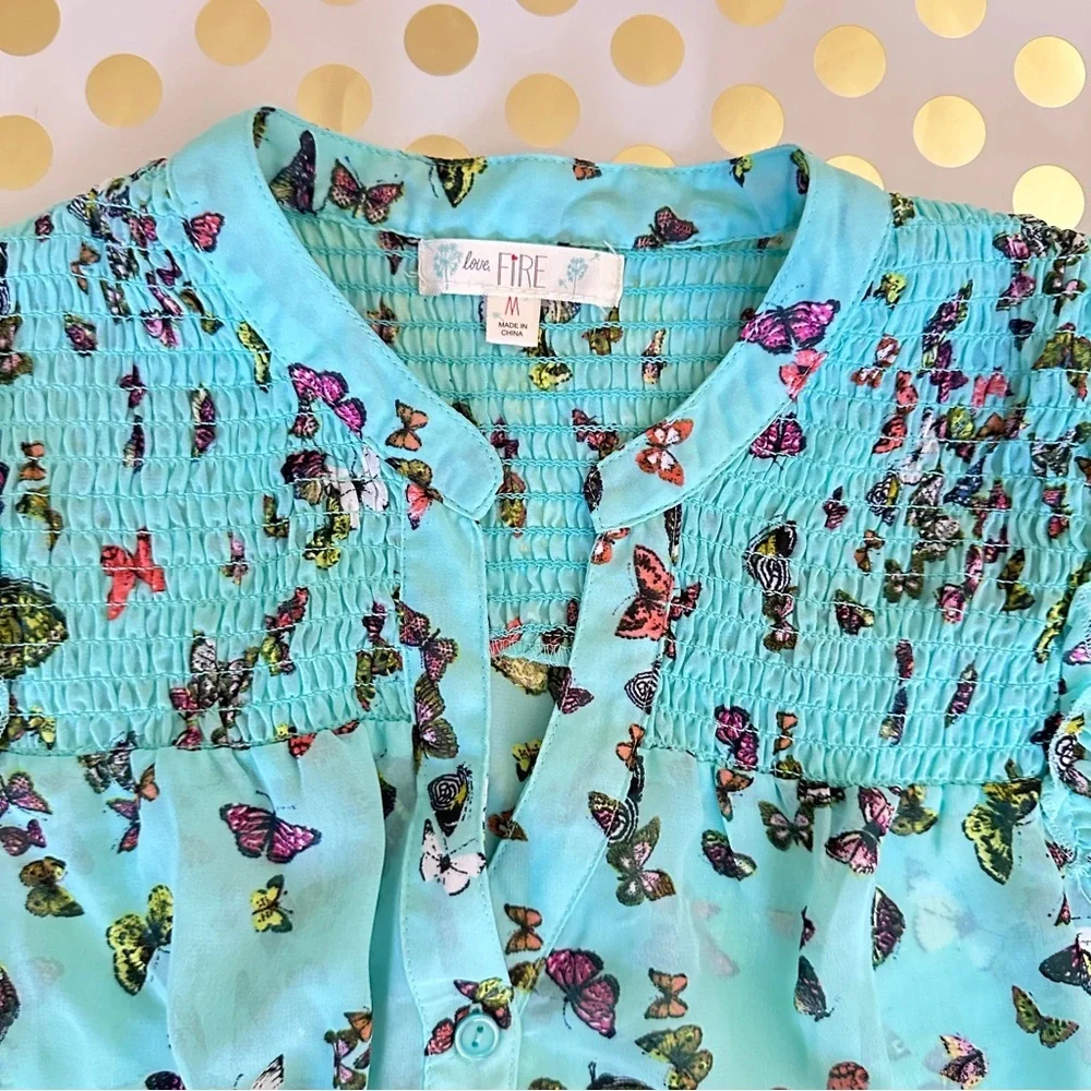 Love, Fire Turquoise Butterfly Print Top